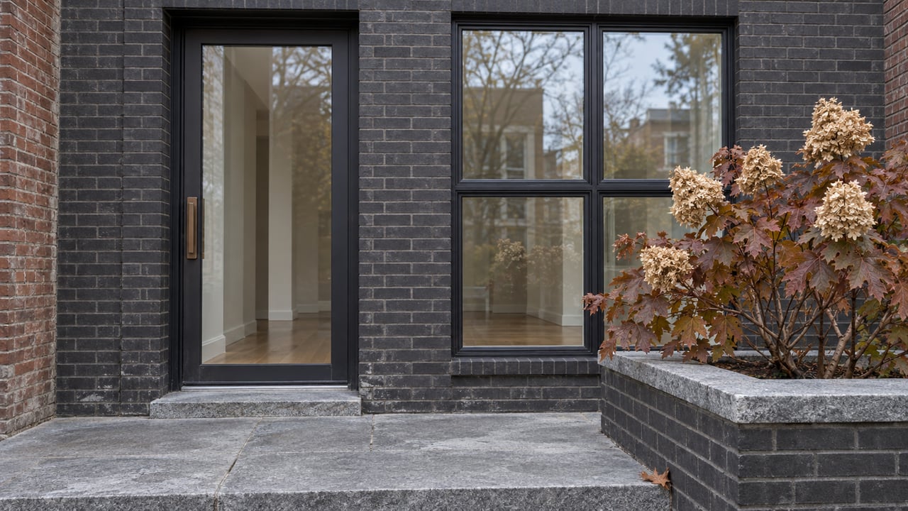 Dark brick residential entry with black metal glazing, a worn granite landing and a raised planter containing russet oakleaf hydrangea.