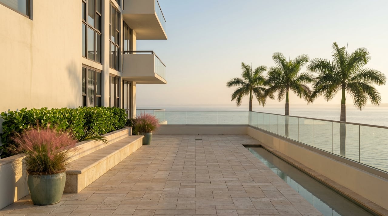 Travertine high-rise deck beside calm water, with staggered royal palms and pink muhly grass planters.