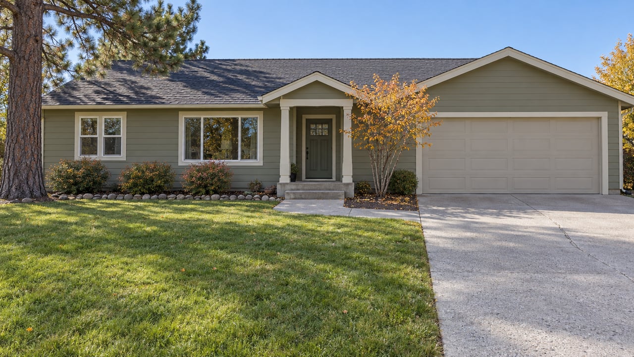 Single-story sage-sided home with a deep green front lawn, concrete driveway, covered porch and autumn-colored serviceberry beneath a mature ponderosa pine.