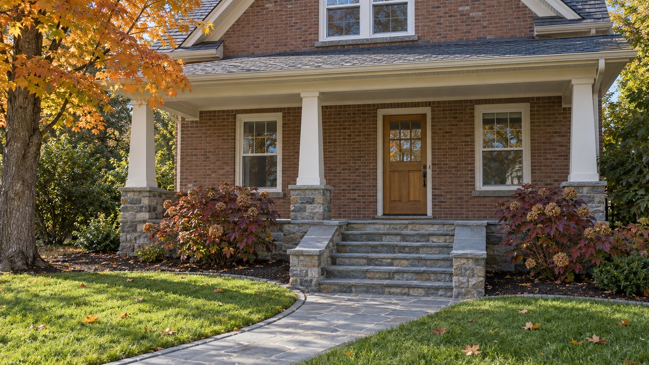 Brick gabled home with a covered porch, stone steps and an autumn maple beside a curved front walk.