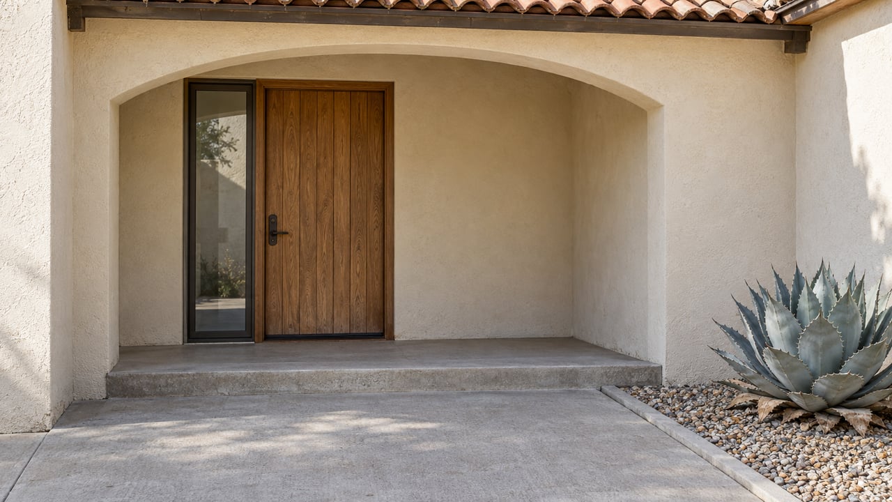 Cream stucco arched home entrance with an oak door, clay roof tiles and a blue-gray agave beside a concrete approach.