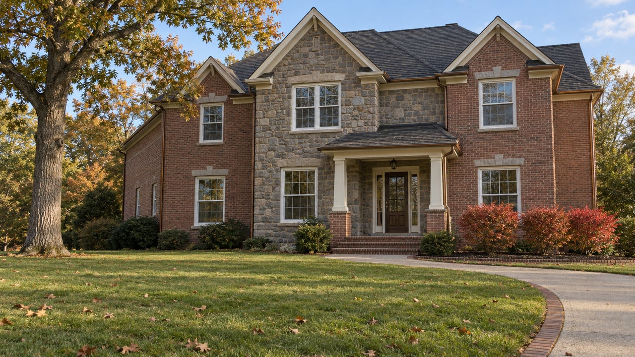 Traditional brick and stone house beyond a deep autumn lawn, with a curved brick-edged walk and mature oak.