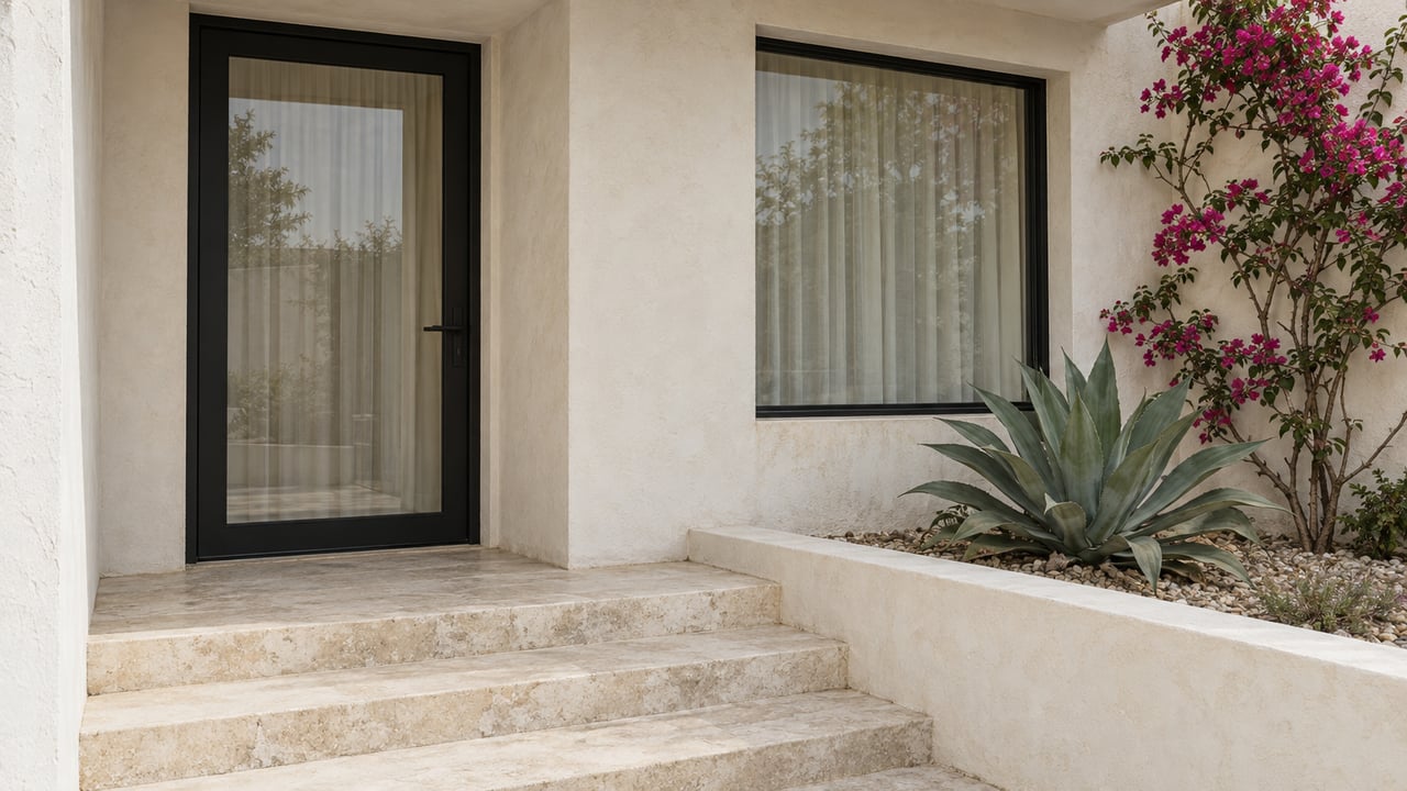 Coastal stucco entry with a black-framed glass door, limestone steps, and a planter with agave and magenta bougainvillea.
