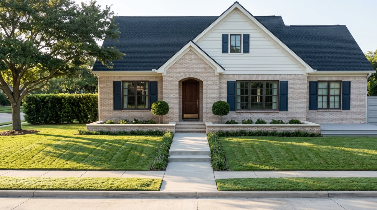 Two-story coastal cottage with a buff-brick facade, white gable, arched entry, and dew-bright lawn beneath a spreading oak.