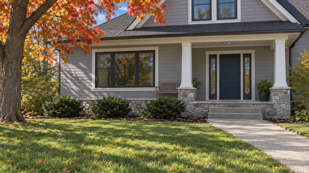 Gray gabled home with a stone-based front porch, navy entry door, broad lawn, and a sugar maple in autumn color.
