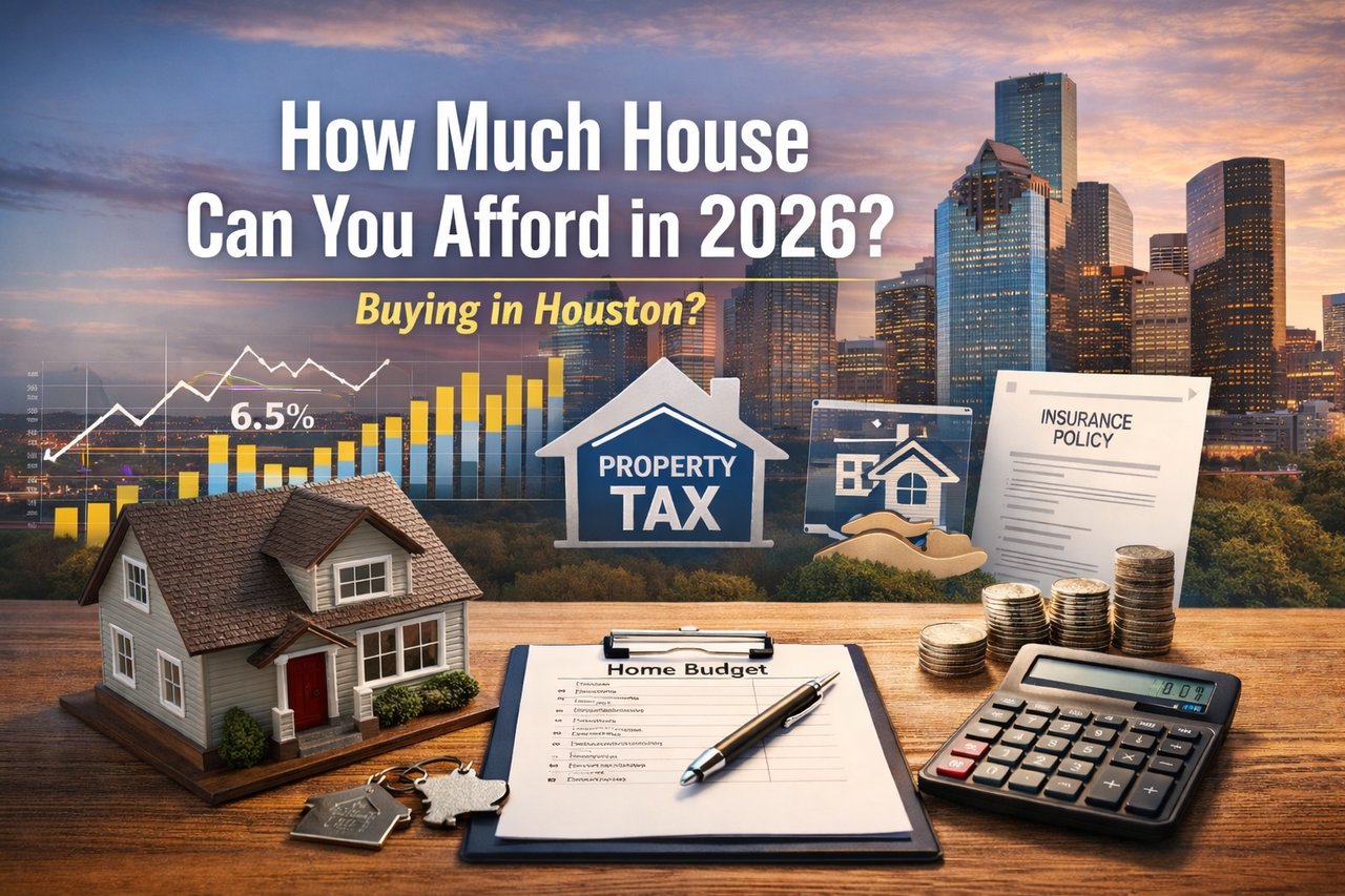 Houston skyline at sunset behind table with model house, calculator, coins, insurance policy, and sign reading “How Much House Can You Afford in 2026? Buying in Houston?” with property tax graphic and 6.5% chart for home buyer affordability.