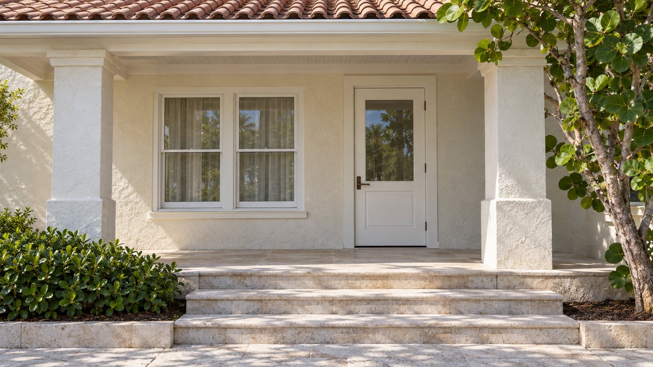 Sunlit ivory stucco home entry with terracotta roof tiles, white glazed door, paired windows and pale limestone porch steps beside sea grape and cocoplum.