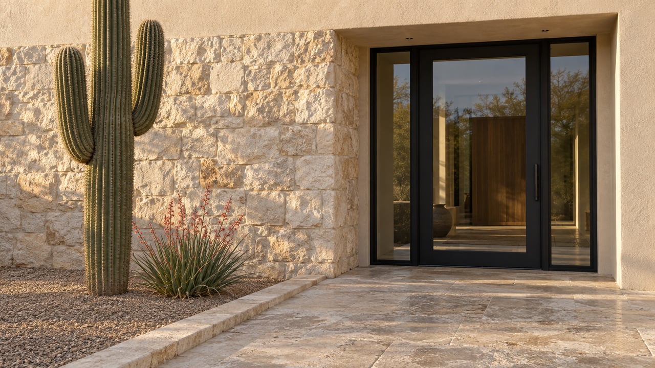 Desert home entrance with a black-framed glass door, limestone wall, and saguaro beside the paving.