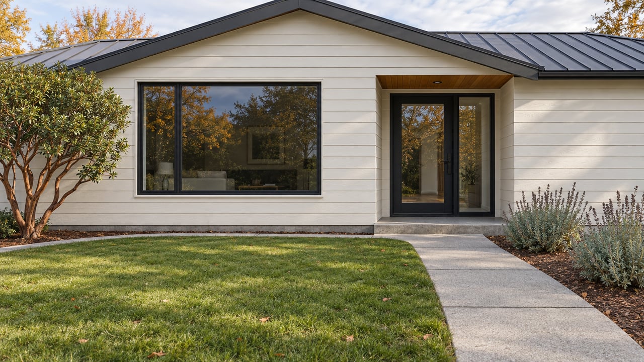A refreshed white-sided gabled home with dark windows, a recessed glazed entry and a concrete garden walk beside an established manzanita.