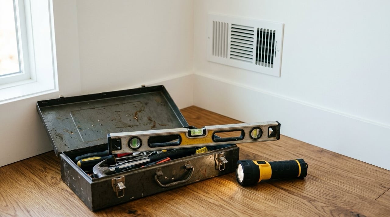 Toolbox, level and flashlight on a new wood floor beside fresh drywall and an HVAC vent, new home warranty items in Texas