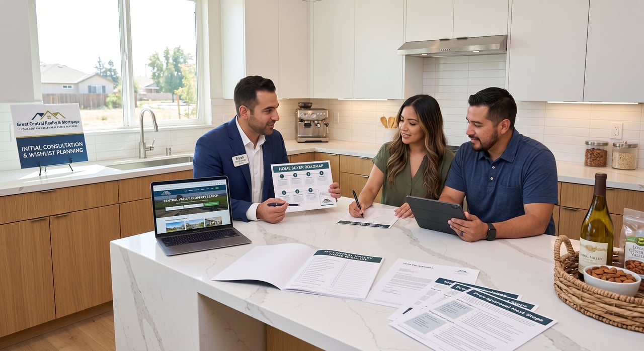 Real estate professional presenting a homebuyer roadmap and wishlist planning documents to clients at a modern kitchen waterfall island in the Central Valley.