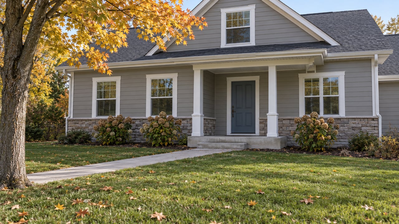 Autumn lawn and amber maple beside a gray-sided gabled home with a recessed front porch.