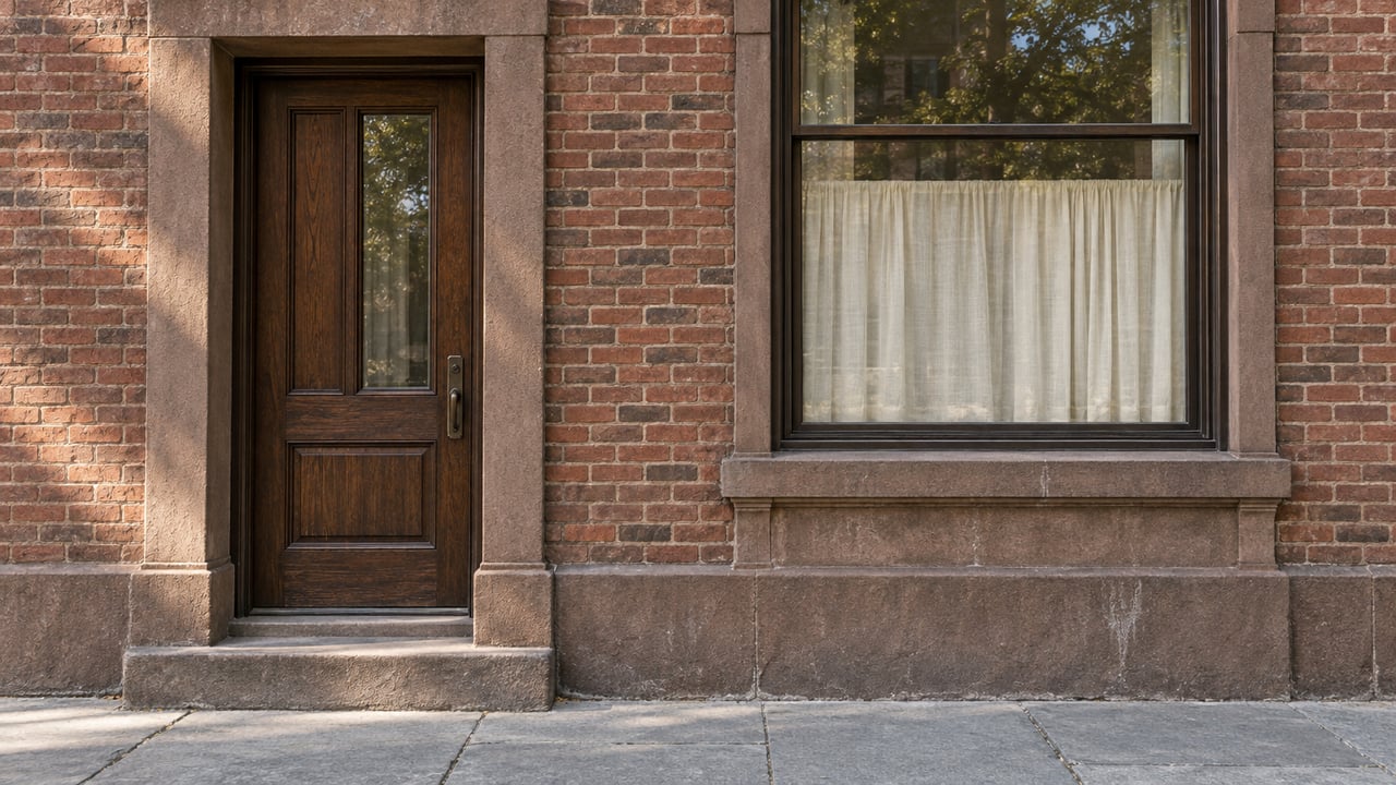 Sunlit brick apartment facade with a dark oak entrance, bronze-framed window, weathered brownstone base and stone sidewalk.