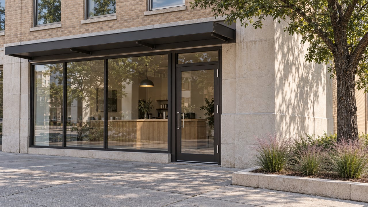 Corner storefront with glass door, buff brick facade, limestone base, and an oak in a raised sidewalk bed.