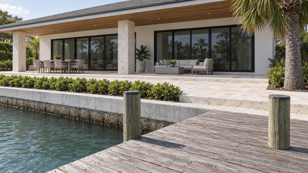 Waterfront house with black-framed glass doors and limestone terrace beyond a dock and seawall.