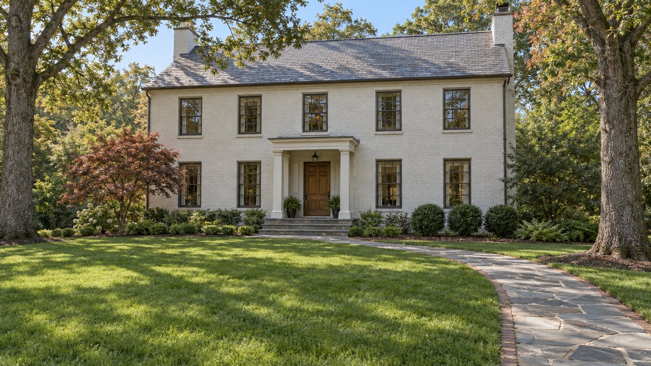 White painted-brick home behind a broad green lawn, with slate roofing, a stone approach and mature oak trees.