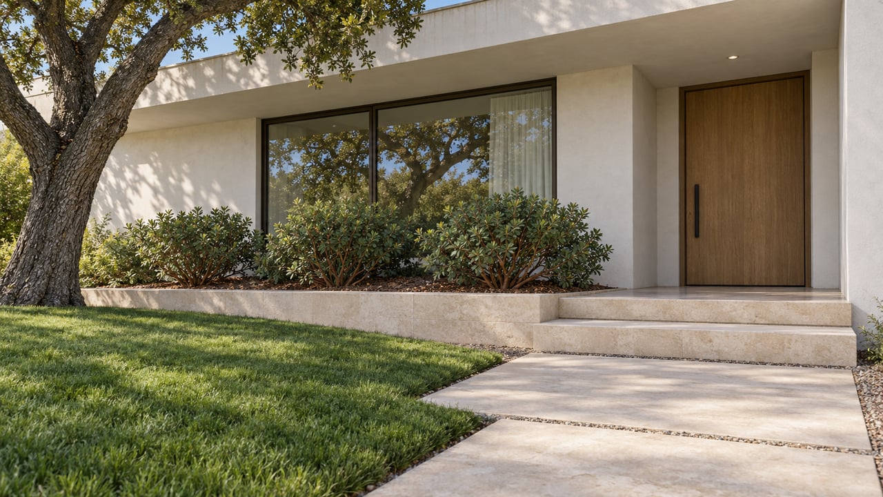 Low view across a lawn and limestone entry steps toward a warm-white contemporary home, shaded by a mature oak.