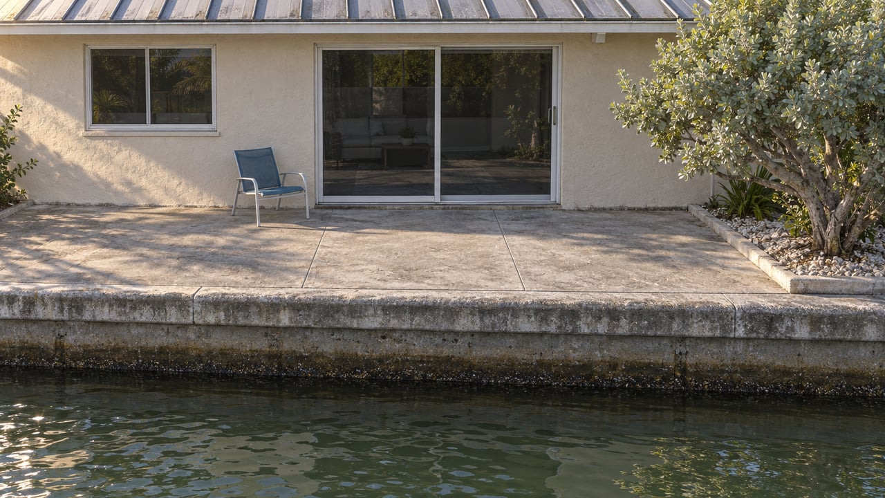 A modest stucco home's rear patio meets a weathered concrete seawall above green canal water, with a silver buttonwood beside the closed sliding doors.