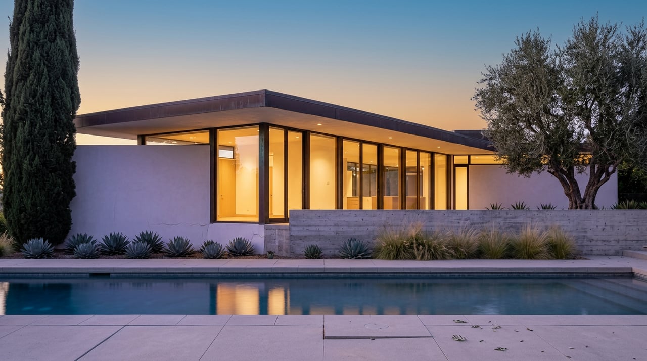 Flat-roofed modern home with glowing glass walls, reflected in a pool at dusk between olive and cypress trees.