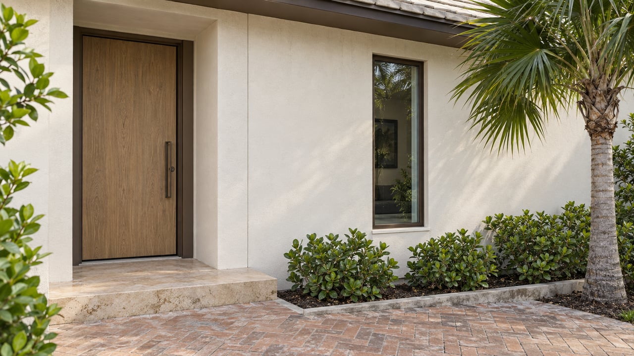 Compact stucco house entry with a recessed oak door, narrow window, pavers, and a palm beside low shrubs.