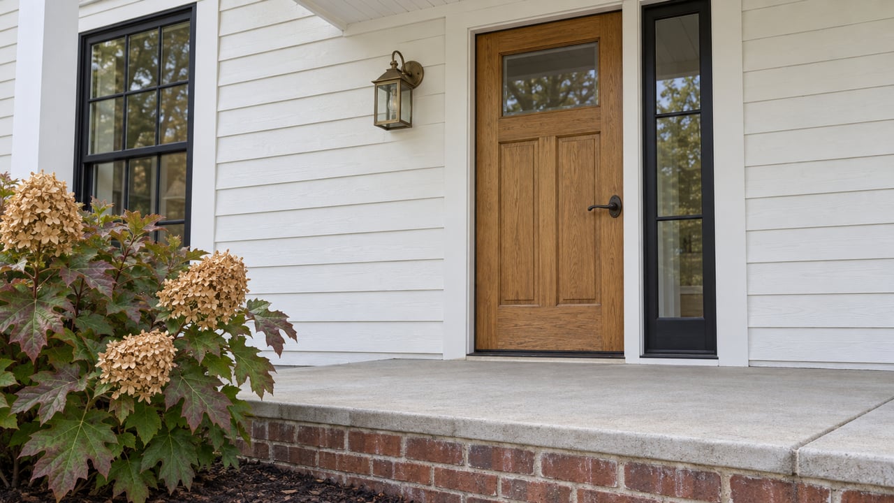 Honey-oak front door beneath a white covered porch, with red-brown brick edging and an oakleaf hydrangea showing autumn color.