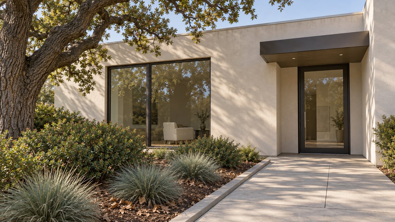 Contemporary home with off-white stucco, bronze-framed glazing, and a paved approach beside an oak and sculptural shrubs.