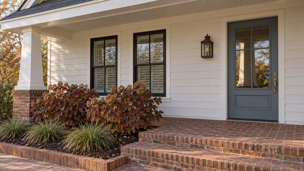 White lap-sided home entrance with black-framed windows, a blue-gray door, brick steps and oakleaf hydrangeas in autumn.