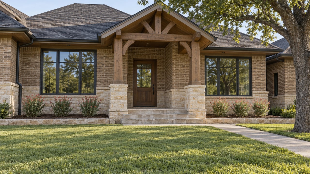 Morning light on a brick and limestone home's timber porch, broad front lawn, and flowering sage beds.