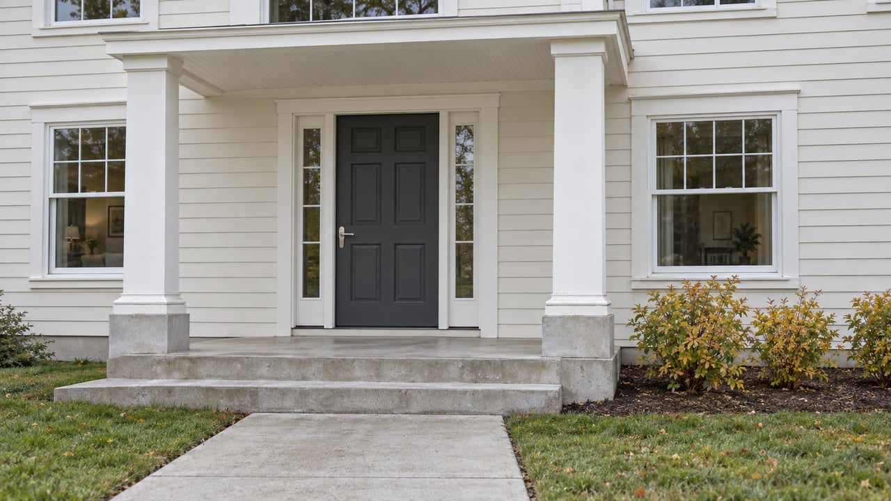 Paired white porch columns frame a dark front door, with divided-light windows, weathered concrete steps and autumn shrubs.