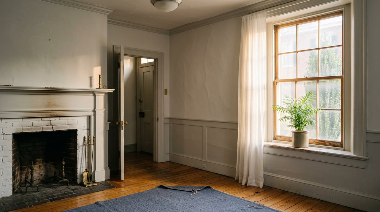 Historic parlor with a painted brick fireplace, pale wainscoting, and a sunlit window beside a potted palm.