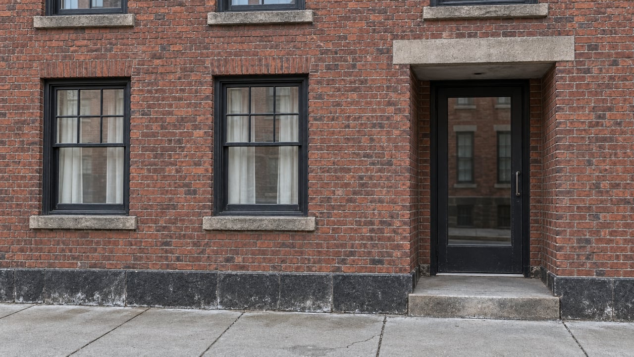 Red-brown brick residential facade with two curtained windows, a recessed glazed entrance, basalt foundation and weathered concrete sidewalk.