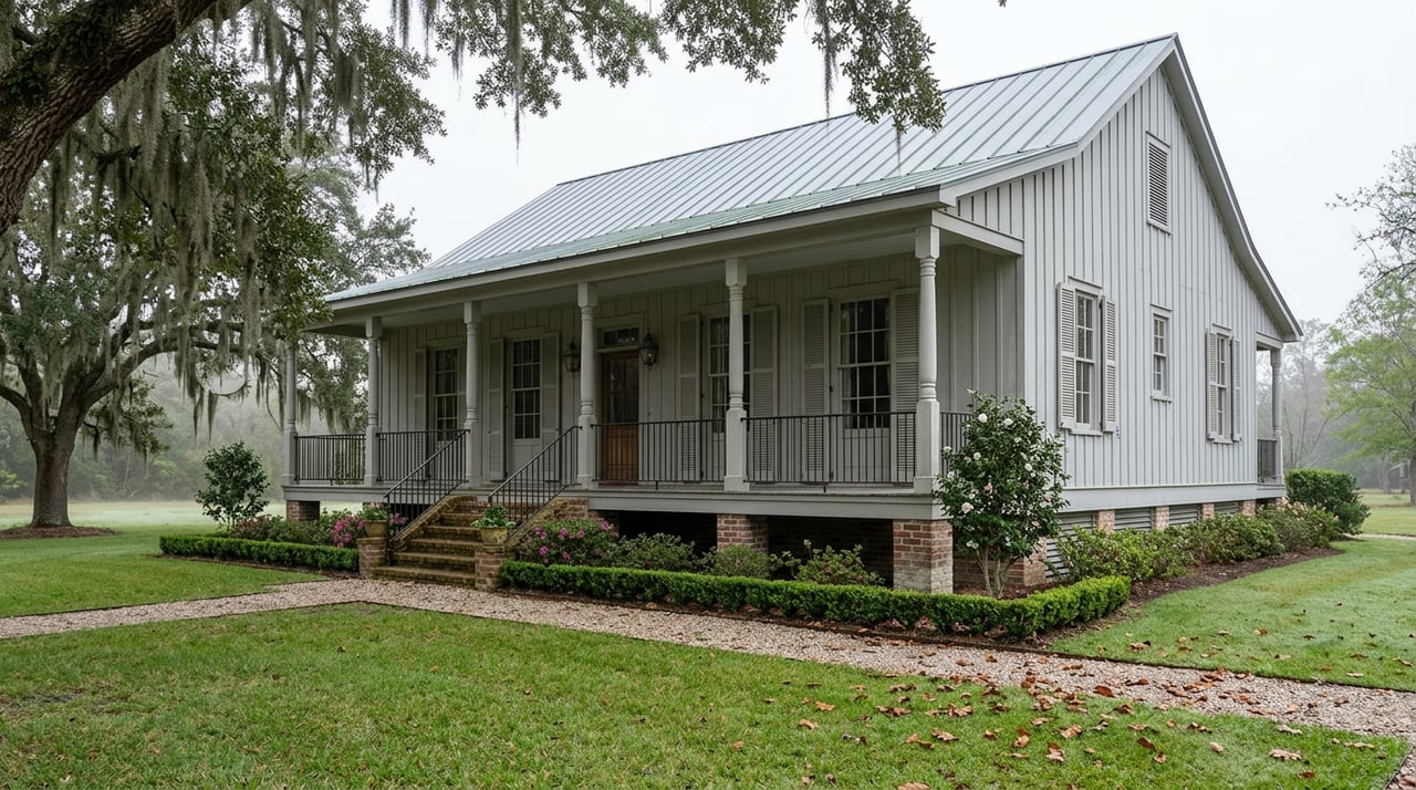 Grey raised cottage with gallery porch and brick piers beneath a moss-draped oak, beyond lawn.