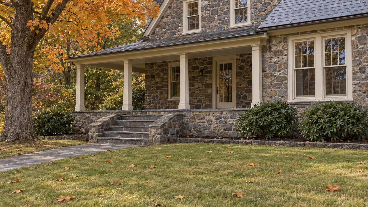 Fieldstone house with a slate gable, cream-painted porch posts and bluestone steps beside a mature maple in autumn color.