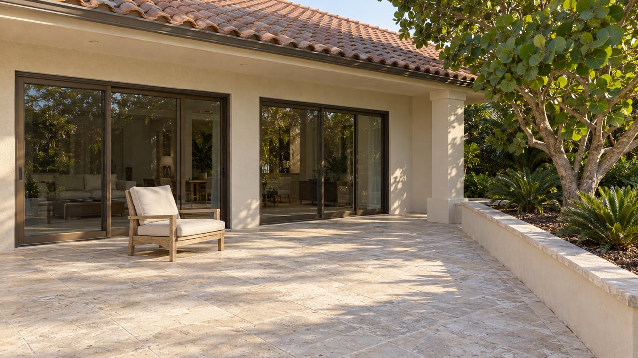 Cream stucco home with terracotta roof, bronze sliding doors and a limestone terrace beside a raised sea grape and coontie planting bed.