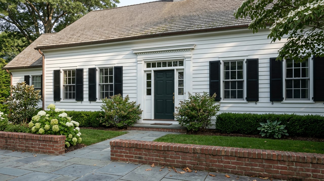 White clapboard house with a dark green door, fanlight, black shutters, and a low brick garden wall.