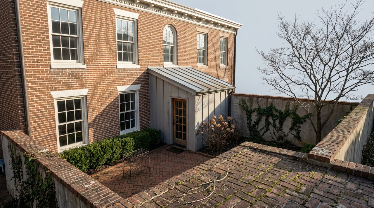 Brick rowhouse garden with tall white-trimmed windows, herringbone patio, bare dogwood, and masonry boundary wall.