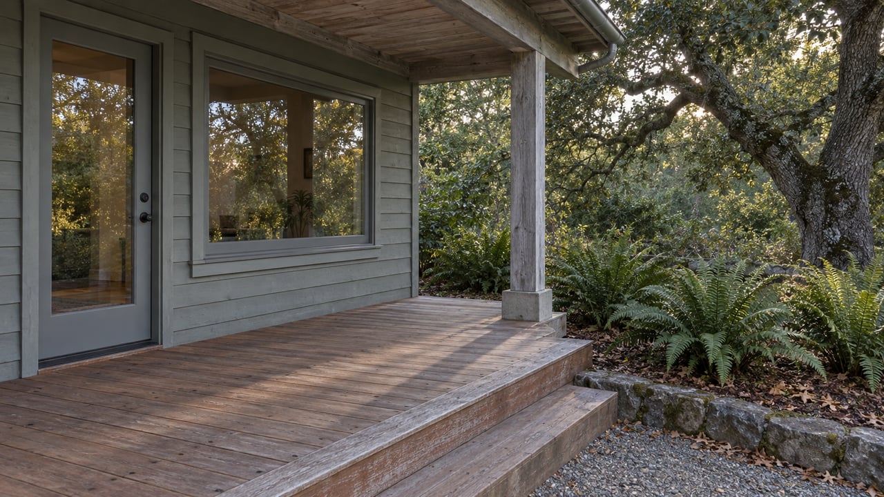 Weathered gray-green timber home with a sheltered redwood porch, closed glazed door, and stone-edged garden beneath a mature oak.