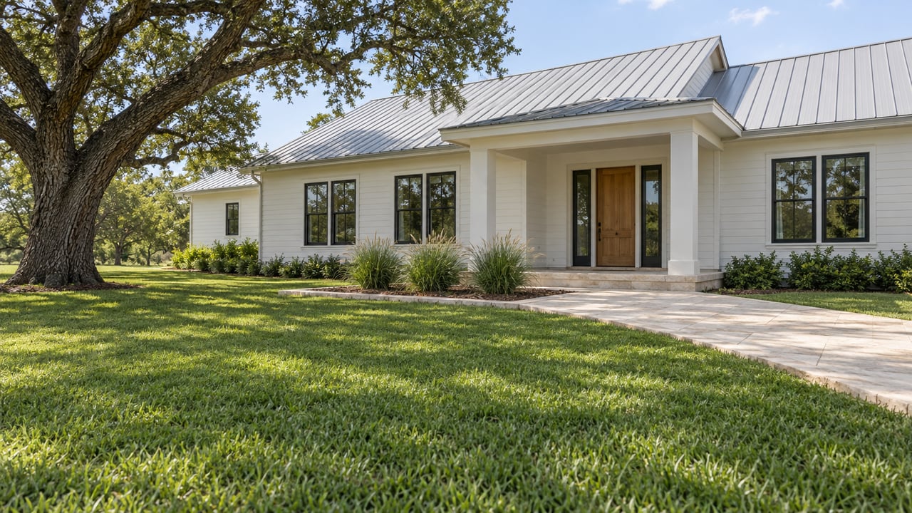 Light-sided farmhouse with a metal roof, limestone porch and approach, and a broad lawn shaded by a mature spreading oak.