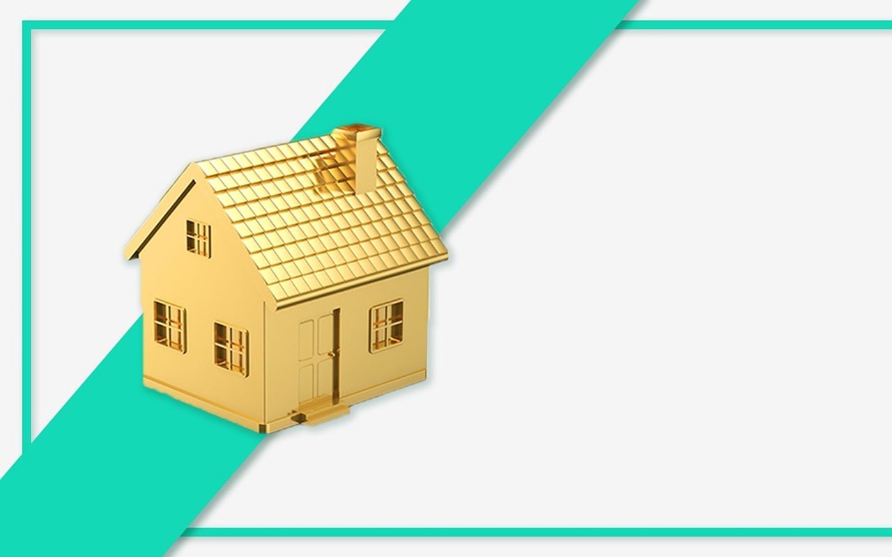 Golden model house on a teal diagonal band