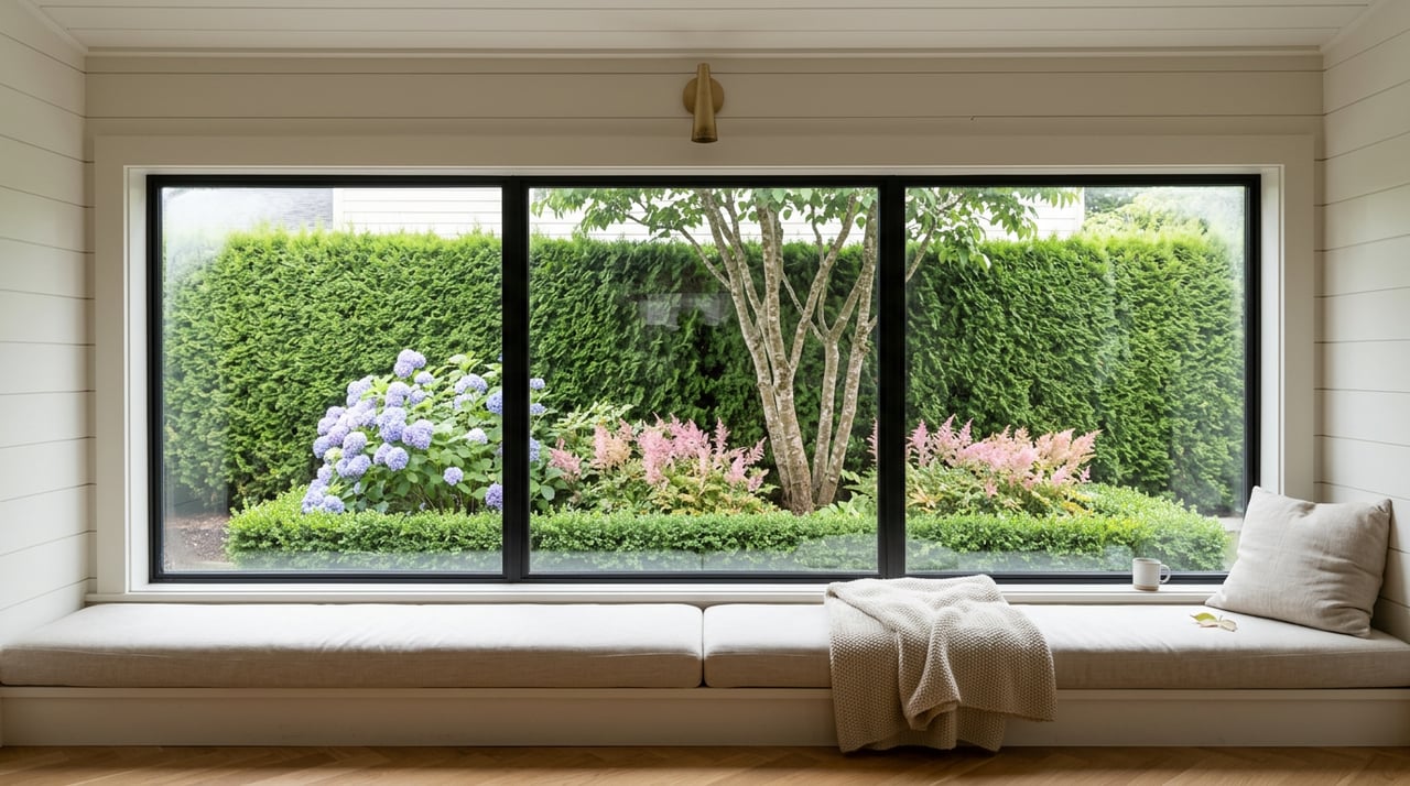 Built-in kitchen window bench with a linen cushion, overlooking hydrangeas, pink astilbe, and a clipped hedge.