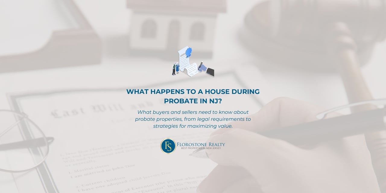 Graphic cover image with text “What Happens to a House During Probate in NJ?” showing legal documents and Florostone Realty logo.