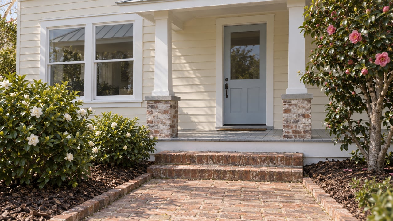 Cream lap-sided cottage with a pale-blue glazed door, shallow porch, brick steps and approach, and camellia and gardenia planting.