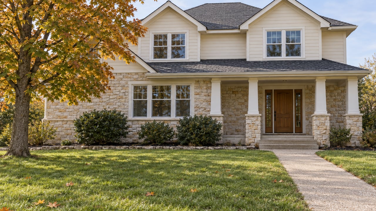 Cream-sided two-story home with limestone porch bases, a deep autumn lawn and an amber-leaved maple.