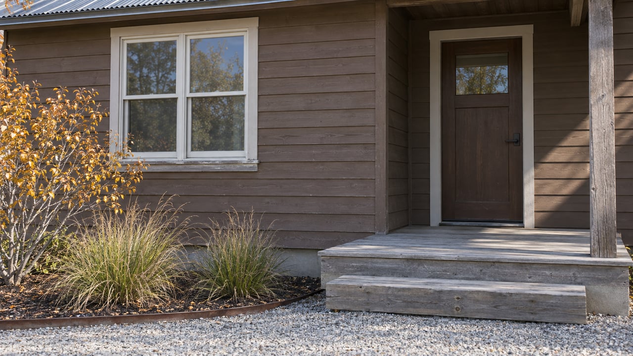 Weathered timber siding, a paired window and a recessed porch entry above a gravel approach with autumn serviceberry and bluebunch wheatgrass.