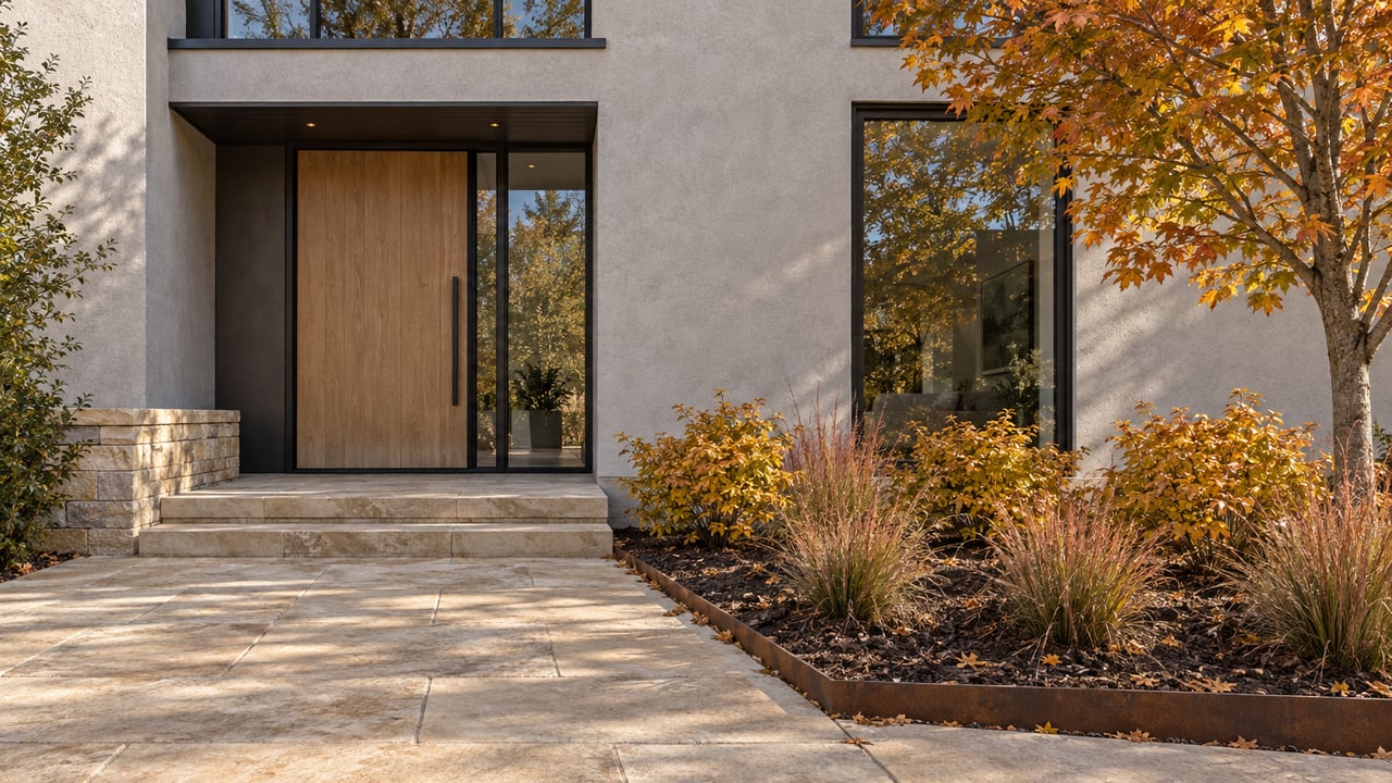 Contemporary pale-stucco home with a recessed oak entry, sandstone steps and amber autumn planting beside a mature tree.