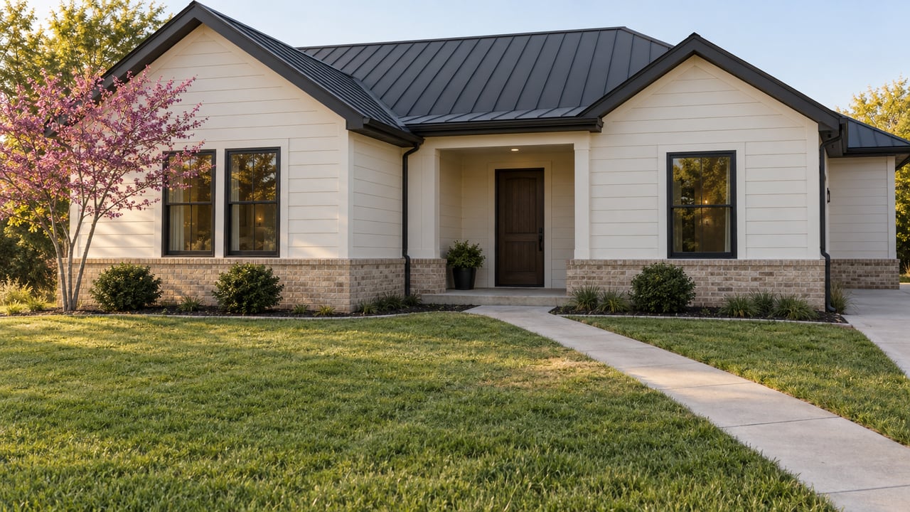 One-story ivory-sided house with a charcoal gabled roof, concrete walkway, broad lawn, and young tree.