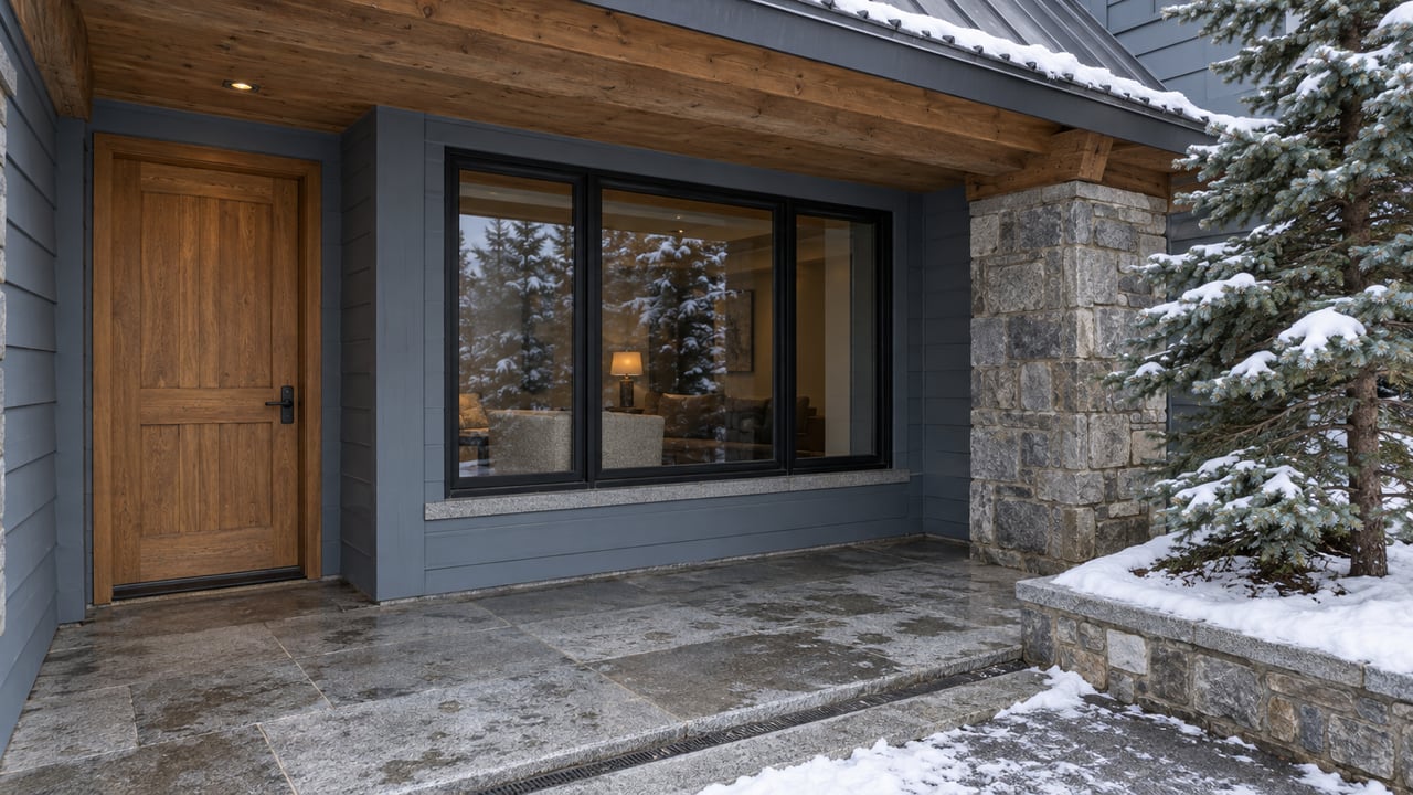 Snow-edged stone entrance landing with an oak door, blue-gray siding, closed living-room glazing and a spruce beside a raised stone planter.