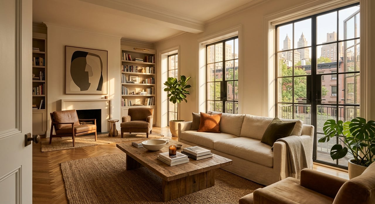 Sunlit apartment living room with tall city-view windows, built-in bookshelves, and a cream sofa.