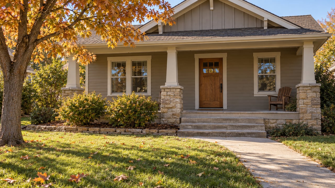 Autumn light on a gray bungalow with an ivory-trimmed porch, sandstone piers, and copper-colored maple foliage.