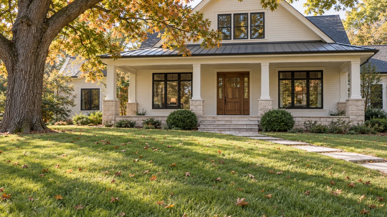 Off-white clapboard house with a covered porch and timber door, behind a broad lawn and copper-green oak.